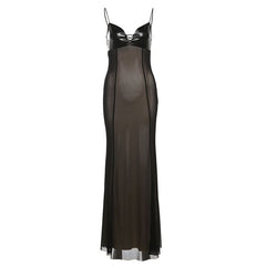 Mesh v neck PU leather spaghetti strap maxi dress