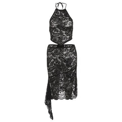 Lace see through halter self tie mini skirt set
