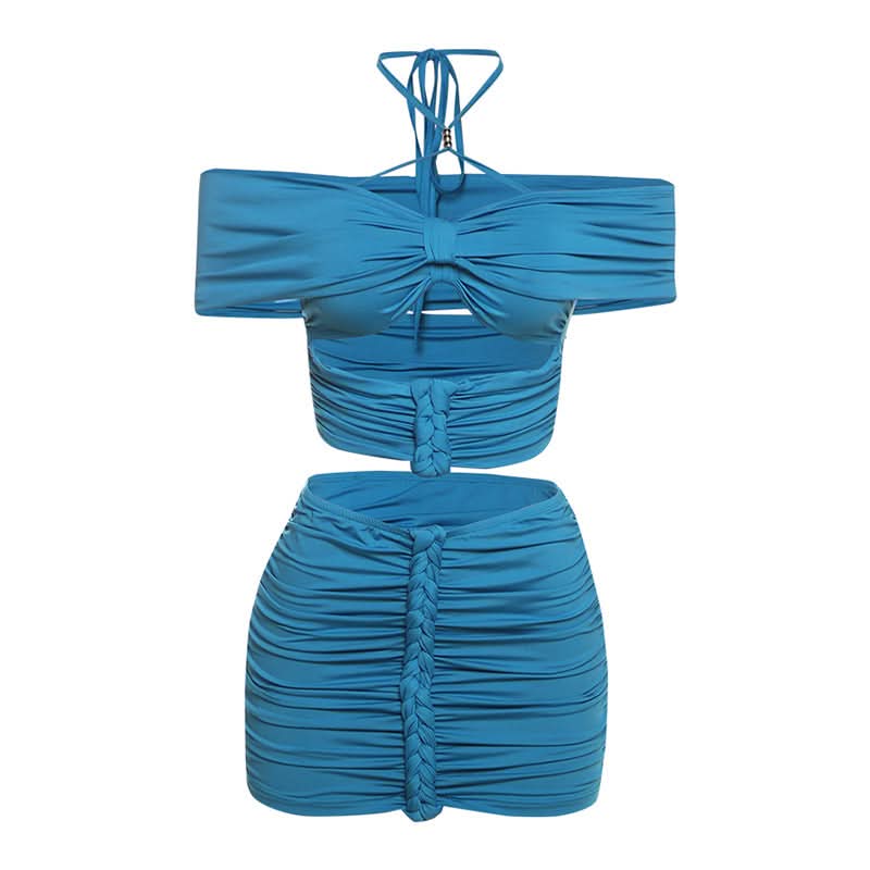 Halter self tie ruched off shoulder mini skirt set