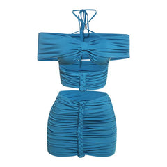 Halter self tie ruched off shoulder mini skirt set