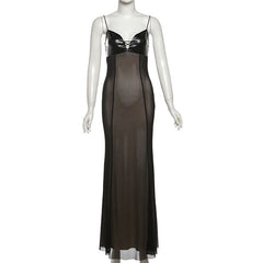 Mesh v neck PU leather spaghetti strap maxi dress