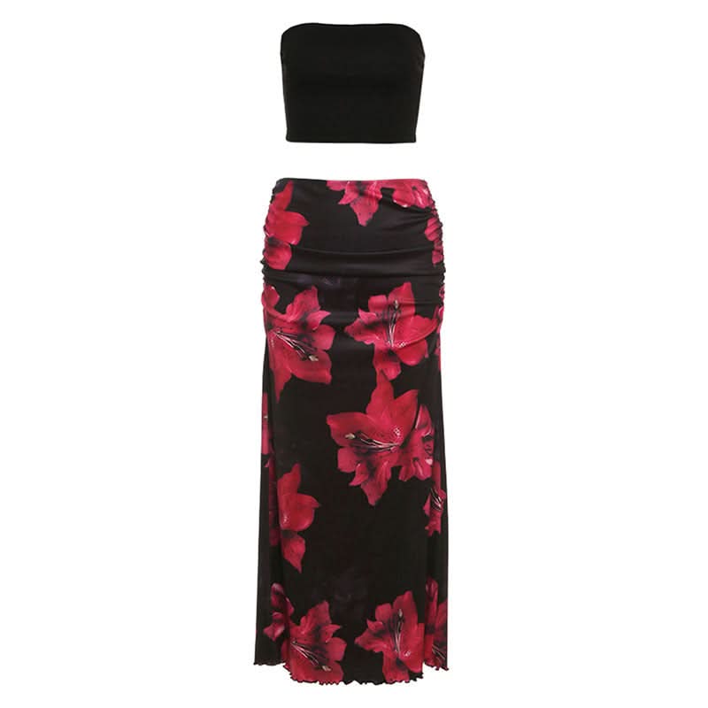Ruched flower print ruffle tube maxi skirt set