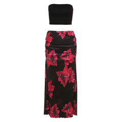 Ruched flower print ruffle tube maxi skirt set