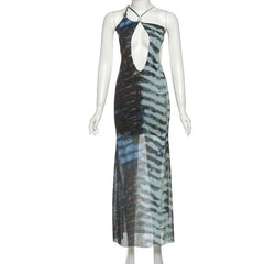 Hollow out self tie mesh irregular print cut out maxi dress