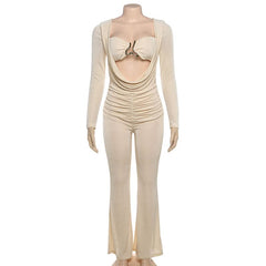 Ruched long sleeve solid hollow out jumpsuit