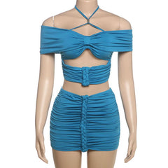 Halter self tie ruched off shoulder mini skirt set