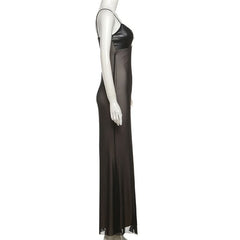 Mesh v neck PU leather spaghetti strap maxi dress