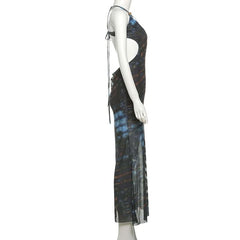 Hollow out self tie mesh irregular print cut out maxi dress