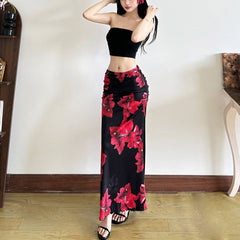 Ruched flower print ruffle tube maxi skirt set