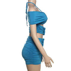 Halter self tie ruched off shoulder mini skirt set