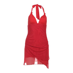 Halter self tie v neck irregular mini dress