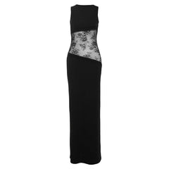 Crewneck lace patchwork backless maxi dress