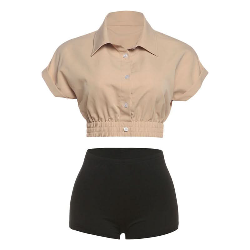 Short sleeve turnover collar button low rise pant set