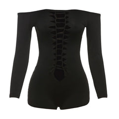 Long sleeve hollow out off shoulder solid romper