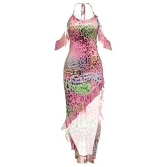 Leopard print halter self tie irregular midi dress