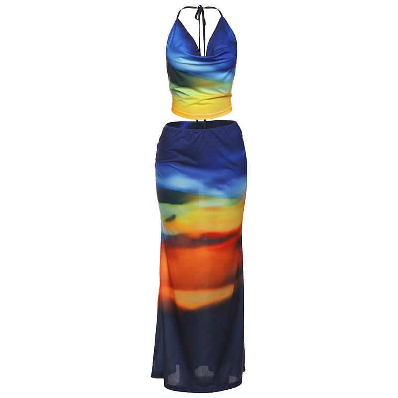 Cowl neck halter self tie print maxi skirt set