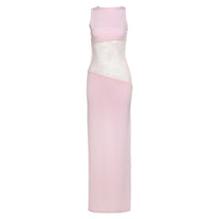 Crewneck lace patchwork backless maxi dress