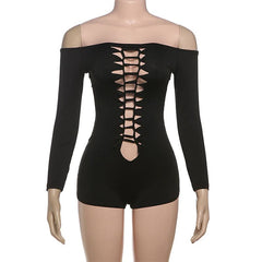 Long sleeve hollow out off shoulder solid romper