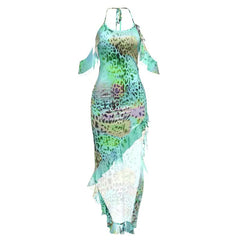 Leopard print halter self tie irregular midi dress