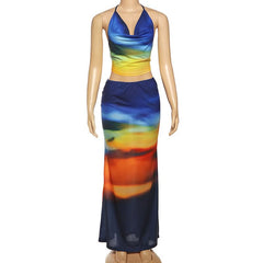 Cowl neck halter self tie print maxi skirt set