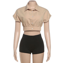 Short sleeve turnover collar button low rise pant set