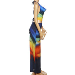 Cowl neck halter self tie print maxi skirt set