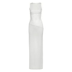 Crewneck lace patchwork backless maxi dress