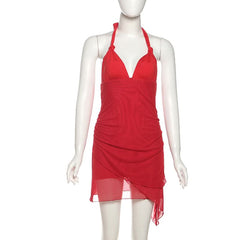 Halter self tie v neck irregular mini dress