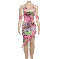 Leopard print halter self tie irregular midi dress