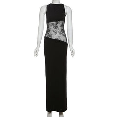 Crewneck lace patchwork backless maxi dress