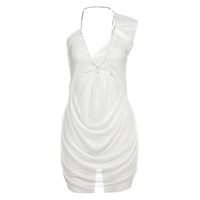 Metal chain hollow out irregular mesh cut out mini dress
