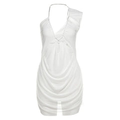 Metal chain hollow out irregular mesh cut out mini dress