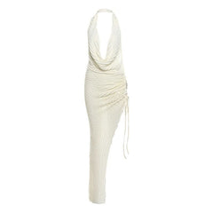 Cowl neck halter ruched slit irregular midi dress