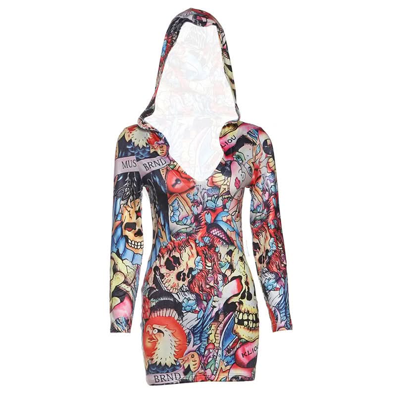 Hoodie long sleeve print v neck mini dress
