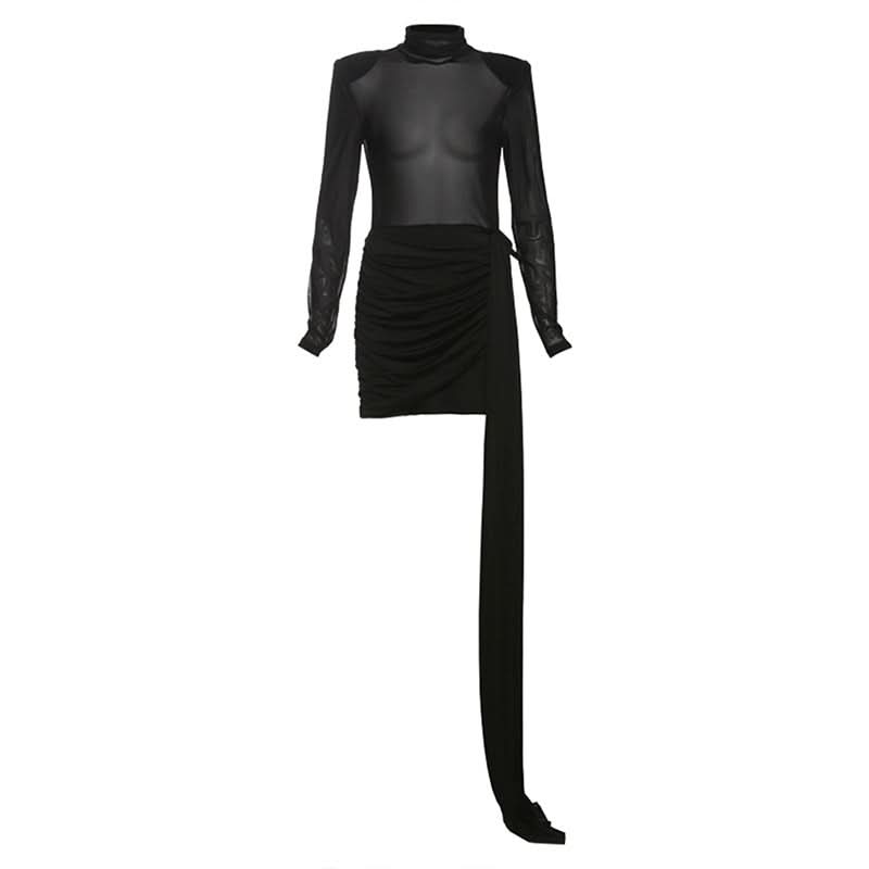 Long sleeve high neck mesh ruched mini dress