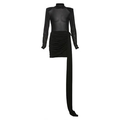 Long sleeve high neck mesh ruched mini dress