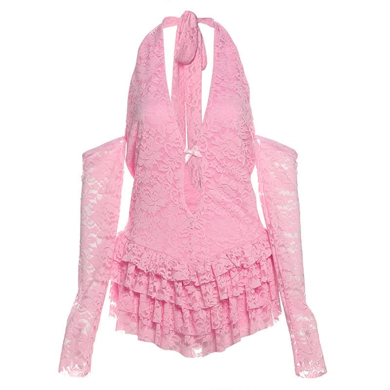 Hollow out bowknot ruffle self tie halter bodysuit