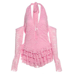 Hollow out bowknot ruffle self tie halter bodysuit