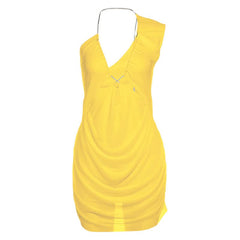 Metal chain hollow out irregular mesh cut out mini dress