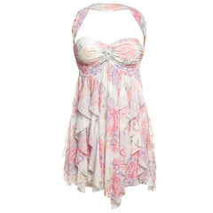 Halter ruched flower print ruffle mini dress