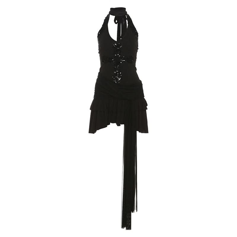 Glitter halter self tie v neck solid mini dress