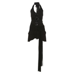Glitter halter self tie v neck solid mini dress