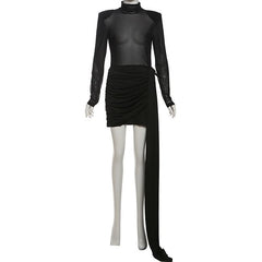 Long sleeve high neck mesh ruched mini dress