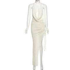 Cowl neck halter ruched slit irregular midi dress