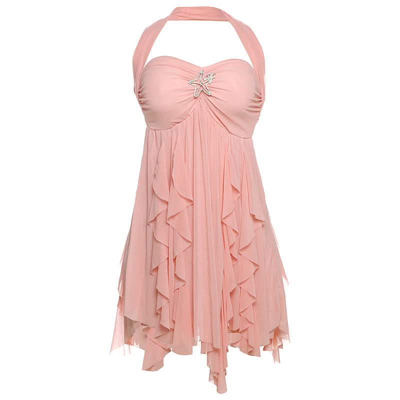Halter ruched flower print ruffle mini dress