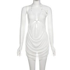 Metal chain hollow out irregular mesh cut out mini dress