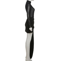 Long sleeve high neck mesh ruched mini dress