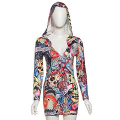 Hoodie long sleeve print v neck mini dress