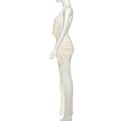 Cowl neck halter ruched slit irregular midi dress