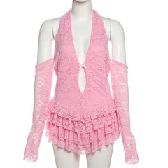 Hollow out bowknot ruffle self tie halter bodysuit